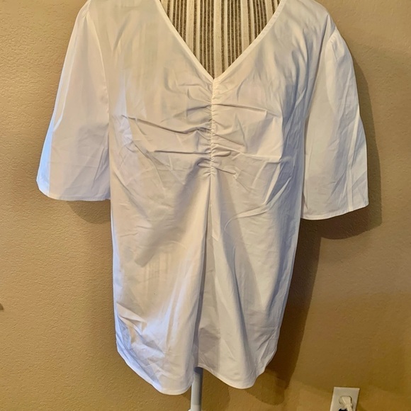 NEW Liz Claiborne Top XXL White Short Sleeves Ruching V-Neck Cotton Nylon Spandx - Picture 4 of 13